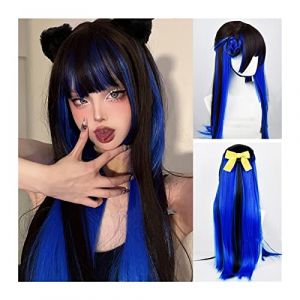 Perruque Femme Perruque noire mélangée bleue avec frange 80 cm de long perruque de cheveux raides perruque cosplay droite synthétique respirante fibre résistante à la chaleur perruque fête Halloween u (hailiangwufeng, neuf)