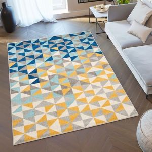 TAPISO Lazur Tapis Poil Ras Moderne Gris Bleu Crème Jaune Géométrique Motif Mosaïque Triangles Tapis Salon Chambre Adulte Salle à Manger Bureau Oeko-TEX Résistant 180 x 260 cm (TAPISO-FR, neuf)