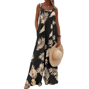 QUNERY Salopette Femme Combinaison Boheme Motif à Fleurs Fluide Salopette ete Sans Manches Ample Jumpsuit avec Poche Noir L (YIYING-EU, neuf)