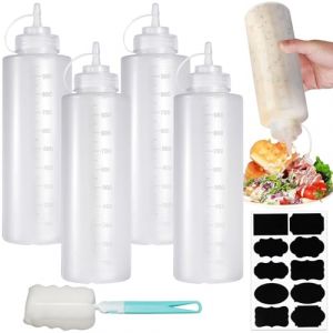 Nadisean 4 Pcs Bouteille Sauce 1000ml, 32oz Flacon Sauce, Plastique Squeeze Bottle, R&eacute;utilisable Bouteille &agrave; Sauce avec 1 Brosse de Nettoyage et 1 Autocollants，pour Ketchup Sauces BBQ Huile D'Olive (Shengen, neuf)