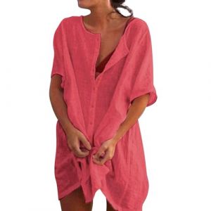 Kimono, Cache Maillot De Bain Femme Plage Mi Longue Grande Taille Tunique De Plage, Chemisier Tunique Manche Courte Transparent Oversize Sortie Chemise Kaftan Sexy en Coton, Blouse Rouge, S (ChaoWenMao, neuf)