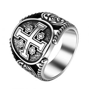 JewelryWe Bague Homme Acier Inoxydable: Bague Chevalière Homme Croix de Jérusalem Médiévale, Style Croisé Chrétien Vintage Classique,Cadeau Religieux pour Baptême ou Fête des Pères (JewelryWe Bijoux, neuf)