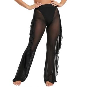 Femme Pantalon &agrave; Volant en Maille Transparente, Bas de Bikini Pantalon Large Taille Haute Jambes Larges Maillot Bain Loisirs F&ecirc;te (FR/ES, Alpha/Lettres, Grand, Taille Normale, Taille Normale, Noir) (JuKunShangMao, neuf)