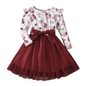 LUVCES Robe Princesse Fille Manches Longue à Volants Tutu Robe Casual Motif Floral Tulle Robes pour Enfants Fête d'anniversaire Tenue Imprimé Floral Rouge vin 3-4 Ans (SANYI FASHION, neuf)