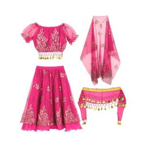 Sxiwei 5 Pi&egrave;ces Tenue Danse Orientale Fille Enfant Robe Danse du Ventre Deguisement Indienne Princesse Spectacle Cosplay A Rose Vif 9-10 Ans (Sxiwei, neuf)