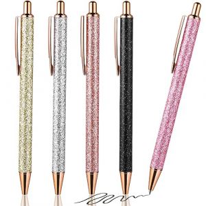 Bremorou Lot de 5 stylos &agrave; bille &agrave; paillettes - En m&eacute;tal - R&eacute;tractables - Pour femme, &eacute;cole, bureau, besoin - Cadeau - 1 mm - Encre noire (Aaolu, neuf)