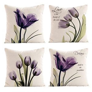 OCEUMACO Housse de Coussin 45x45 Love Fleurs D&eacute;coratif Housses Coussins pour Canap&eacute; Lit Chaise Salon Lot de 4 Fleuri Jardin Citation Vintage Taie d'oreiller Doux en Lin Scandinave - Violet (Oceum, neuf)