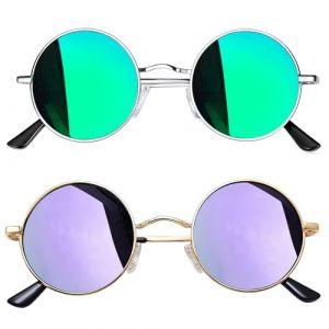 Joopin Lunettes de Soleil Homme Ronde Polarisées Rétro Hippie Steampunk UV400 Monture Métal et Lunette Ronde Effet Miroir Vert et Violet (Joopin Fashion, neuf)