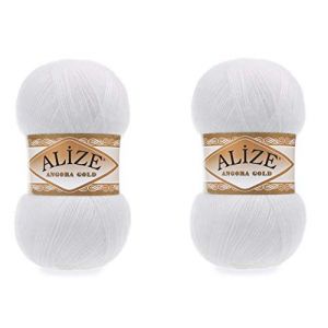 Alize Angora Gold Lot de 2 pelotes de fil turc &agrave; tricoter &agrave; la main 200 g 80 % acrylique 200 m 1204 m (55 blanc) (1LEAGUE, neuf)