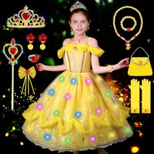 COYBTO Robe Princesse Fille, LED Belle Cendrillon Raiponce avec Perruque Couronne Princesse Lumineuse, Deguisement Princesse Belle pour Cadeau Fille, Robe de Princesse Belle pour Carnaval (GAB GELH, neuf)