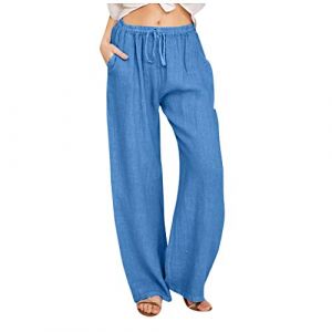 RLEHJN Pantalon Lin Femme &Eacute;t&eacute; D&eacute;contract&eacute;s Pantalon Fluide Femme &Eacute;t&eacute; Pantalons Mode Coton Chanvre Confortable Jogging Plage R&eacute;tro Pants Taille Elastique Pantalons avec Poches Ventes Flash du Jour (⭐⭐⭐⭐⭐RLEHJN, neuf)