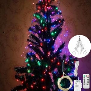 Guirlande Lumineuse Sapin de Noel, Guirlande Lumineuse en Cascade pour Sapin de Noël, 100 LED Lumiere Sapin de Noël avec Anneau, 8 Modes Sapin de Noel Lumineux Led Etanche Décoration (Multicolore) (Lemonart, neuf)