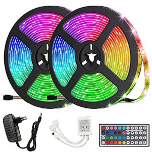 FOLGEMIR 10m (2x 5m) Ruban de RGB LED, 5050 SMD 300 (2x 150) LED, kit complet avec t&eacute;l&eacute;commande 44 boutons et alimentation 12V, &eacute;tanche IP65 pour l'&eacute;clairage de la d&eacute;coration (FOLGEMIR, neuf)