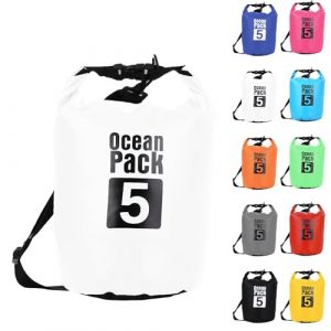 5L Sac &eacute;tanche Polyvalent, 2L/5L/10L/15L/20L/30L Blanc Waterproof Dry Bag avec Longue Bandouli&egrave;re R&eacute;glable Sac &agrave; Dos Confort Imperm&eacute;able pour Bateau/Kayak/P&ecirc;che/Rafting/Natation/Camping/Snowboard (MUDAMUDA Store, neuf)