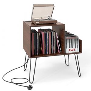 COSTWAY Support Tourne-Disque avec Prise, Meuble Tourne-Disque Vinyle pour 145 Albums, Station de Charge, 2 Ports USB, 4 Pieds Amovibles, 3 S&eacute;parateurs, &Eacute;tag&egrave;re sur Table(Noyer) (FDS GmbH, neuf)