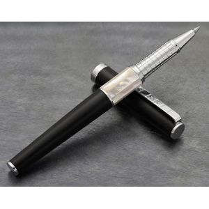 Xezo Speed Master Stylo roller &agrave; pointe fine Noir mat avec nacre blanche Chrom&eacute; Corps l&eacute;ger en laiton (XEZO, neuf)