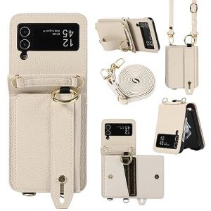 XMTON Coque pour Samsung Galaxy Z Flip 3 Coque Crossbody avec Portefeuille - Emplacements pour Cartes - Support Anneau - bandouli&egrave;re - &Eacute;tui de Protection en Cuir pour Samsung Z Flip 3, Blanc (BKOR Store, neuf)
