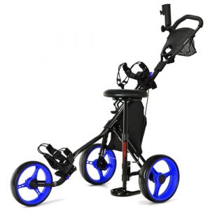 GOPLUS Chariot de Golf &agrave; 3 Roues,Voiturettes Golf &agrave; 3 Roues Pliable, Pousser Tirer Deluxe, Chariot de Golf Manuel, Ouverture Facile, 130x75x98,5-115,5cm (Bleu) (Augenstern24, neuf)