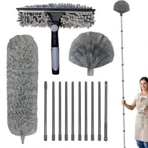 Kit De Dépoussiérage Haute Portée De 6m, Kit De Plumeau Haute Portée avec Perche Télescopique Réglable De 1,5 À 4,9 M, Brosse Téléscopique De Nettoyage Et Tête en Microfibre pour Toiles D'Araignée (flowwer, neuf)