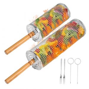 Lot de 2 Paniers à Barbecue Emboîtables - Acier Inoxydable 304 avec Poignée en Bois Amovible - Pour Légumes et Viandes - Accessoire pour Barbecue/Camping/Grill à Gaz (Dandestore, neuf)