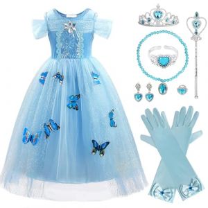 M MUNCASO Robe de princesse Cendrillon pour fille, costume de fête papillon, robe de princesse en tulle, déguisement avec accessoires pour mariage, bal de fin d'année, pour filles de 3 à 8 ans (MUNCASO, neuf)