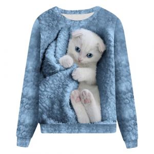 Generisch Tumblr Sachen Sweat-shirt pour femme avec motif animal, d&eacute;contract&eacute;, ample, mignon, imprim&eacute; chat, manches longues, col rond, pull pour femme motif, bleu, M (⭐⭐⭐⭐⭐Five-Star⭐⭐⭐⭐⭐⭐, neuf)