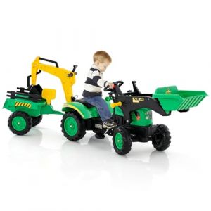 COSTWAY 3 en 1 Tractopelle Enfant avec Pelle & Remorque Amovible, Tracteur à Pédales Enfants avec Volant & 6 Pneus Durables, Charge 35kg, Pelleteuse pour Enfant de 3-6 Ans (Vert) (FDS GmbH, neuf)