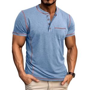 LAOARA Tee Shirt Homme T Shirt T-Shirts &agrave; Manches Courtes Homme Henley Col Tunisien Boutons L&eacute;g&eacute;re Tshirt Bleu XL (Laoara Store, neuf)