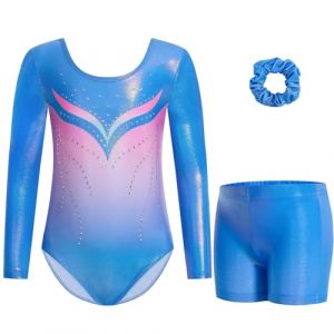 Gogokids Justaucorps de gymnastique trois pi&egrave;ces &agrave; manches longues pour filles &ndash; Tenue de gymnastique pour enfants avec motif &agrave; paillettes d&eacute;grad&eacute;es comprenant justaucorps, short et &eacute;lastique &agrave; (KunTee, neuf)