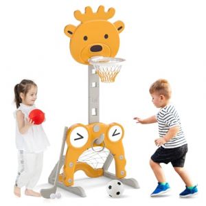 GOPLUS 4 en 1 Panier de Basket Enfant, R&eacute;glable en 81-111 CM avec But de Foot, Jeu d'Anneaux, Golf, Panier Basket Bebe avec Base Remplissable pour Gar&ccedil;ons/Filles 3+ Ans (Girafe Jaune) (Augenstern24, neuf)