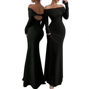 AOWVUTS Robe Longue Femme Sexy Maxi Robes sans Bretelles Dos Nu Bodycon Moulante Robes &agrave; &Eacute;paules D&eacute;nud&eacute;es Manches Longues El&eacute;gant Slim Fit Robe de Soir&eacute;e Cocktail Party Clubbing C&eacute;r&eacute;monie (Foshan City Dange Auto Co., neuf)