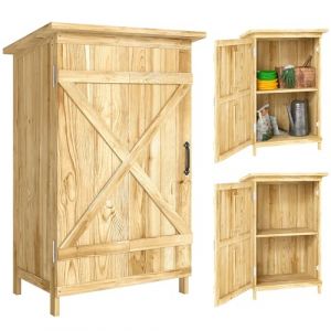 Outsunny Cabane de Jardin en Bois 63,5x40x90 cm Abri de Jardin extérieur Rangement d'outils avec 2 étagères Porte de Type Grange et Toit en Acier galvanisé Toit en Acier galvanisé Naturel (OutSunny Iberica, neuf)