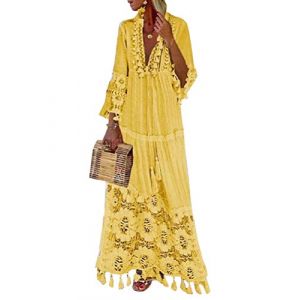 Minetom Robe Maxi Longue Femme &Eacute;l&eacute;gant Robe de Soiree Party Plage Boho Grande Taille Floral Dentelle Col V Manches 3/4 Sundress Jaune 36 (Mon Bon Coup FR, neuf)