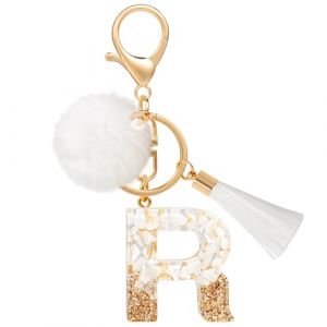 MWOOT Porte Clé Lettre R Peluche Tassel, Initial Résine Personnalisé Keychain Or Blanc, Porte Clef Lettre Pendentif Décoratif, Kawaii Porte Clef Voiture Charm, Idee Cadeau D'Anniversaire pour Femme (vetpw, neuf)