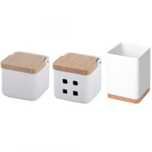KOOK TIME Set d'accessoires de cuisine - comprend 1x Pot a sel cuisine, 1x Porte ustensiles de cuisine et 1x Pot d'ail - Céramique blanc mat et base et dessus en bambou (Kook Shop, neuf)