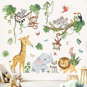 wondever Stickers Muraux Animaux de la Jungle Arbre Branche Autocollants Muraux Mural Stickers Animaux Girafe &Eacute;l&eacute;phant Lion pour Chambre Enfants B&eacute;b&eacute; P&eacute;pini&egrave;re Salon (Wondever EU, neuf)