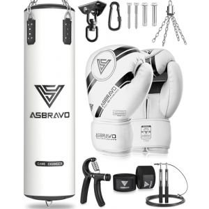ASBRAVO Sac de Frappe pour Adultes, 120 cm PU Lourd Sac de Boxe Ensemble Gants 312oz pour MMA, Muay Thai, Kickboxing, entraînement à Domicile, Arts Martiaux (Non rempli) - Blanc (ASBRAVO, neuf)