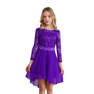 Freebily Robe Princesse Soiree Fille Enfant Robe De Ceremonie Mariage Manche Longue Dentelle Strass Chiffon A-Ligne Robes Ecole Et&eacute; Fete Party Violet 11-12 Ans (MissPretty, neuf)