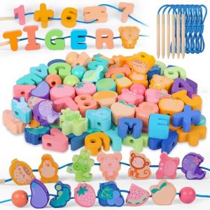 KMFYMPT 96 Pièces Perles en Bois à Enfiler Jouet, Perles à Enfiler Montessori, Jeu D'enfilage Enfant, Jouets Puzzle Jeu éducatif, Cadeaux pour Garçons Filles 2 3 4 5 6 7 Ans (kemeifen, neuf)