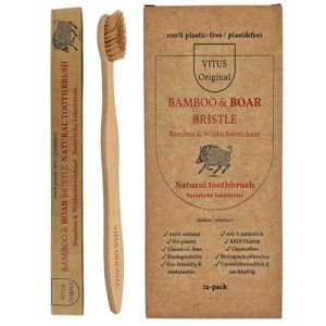 VITUS Original Brosses &agrave; dents enti&egrave;rement sans plastique en bambou avec poils de sanglier &ndash; lot de 12 (Vitus Original, neuf)