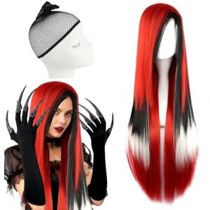Perruque de cosplay, rouge, noir et blanc, perruque longue, lisse, avec frange, pour femme, pour Halloween, festival, concert, cosplay, f&ecirc;te costum&eacute;e, carnaval (Shxyuyid, neuf)