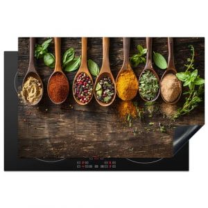 KitchenYeah&copy; Protection Plaque Induction 80x52 cm Protege Deco Cuisine Cache Prot&egrave;ge De Cuisson Accessoire Herbes - Epices - Cuill&egrave;re - Feuilles - Gravure sur bois - Nature morte (KitchenYeah, neuf)