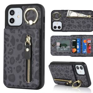 Cavor Coque Compatible avec iPhone 12/12 Pro Etui avec Porte Carte,Flip Portefeuille &Eacute;tui Cuir,[4 Porte Cartes][Ring Support][Pochette zipp&eacute;e],Coque Housse Etui - L&eacute;opard Noir (Copmob, neuf)