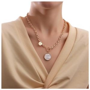 Dervivea Collier Ras Du Cou En Or Avec Disque En Forme De Pièce De Monnaie Collier De Nacre Boho Collier De Nacre Pendentif En Forme De Coquillage Rond Collier De Chaîne À Bascule Bijoux (Dervivea, neuf)