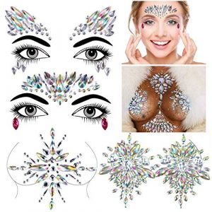 Konsait strass autocollant visage, bijoux visage festival Tatouage Temporaire Strass Visage Adhesif Bindi Bijoux Sein pour Femme visage Corps, 4 Feuilles (Lipmok-eu, neuf)