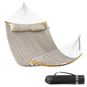 Bathonly Hamac Double, Hamac 2 Personnes en Tissu Matelassé De 335 cm pour l'Extérieur avec Oreiller, Barre d'écartement Incurvée Pliable, Chaînes, Sac de Transport, Capacité 204 Kg, Amande Blanche (Steinbrooks D, neuf)