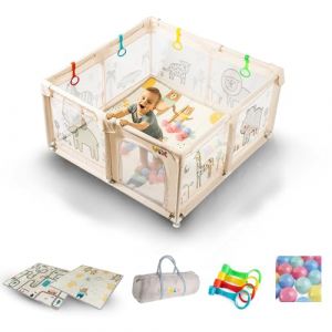 Parc Pliable pour Bébé et Enfant, Modulable, Tapis de sol Pliant et sac de Transport inclus, Playpen Beige d'interieur/Exterieur, Montage et Démontage Facile et Rapide,150 * 150cm,50 balles,Anneaux (vix-officiel, neuf)
