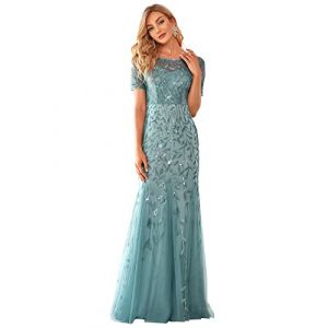 Ever-Pretty Robe de Soirée Bal Sirène Femme Longue Manche Courte Paillettes Tulle Bleu fumé 44 (Ever Pretty Uk, neuf)
