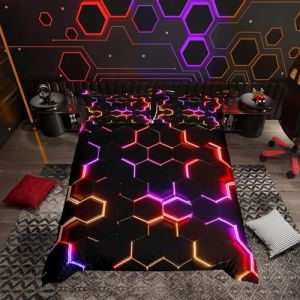 Homemissing Housse de Couette Géométrique Rouge Violet et Noir Hexagonal imprimé Housse de Couette 240x260cm Enfants garçons Adolescents décoration nid d'abeille Parure de Lit, Fermeture à glissière (Bofanshangmao, neuf)