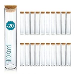 Pack 20 Tube a Essai Verre avec Bouchon Liege 100ml- Bocaux pour Laboratoire, Bocaux Fiole en Verre, Tube en Verre, Flacon en Verre- Dragees Mariage, Decoration, Bapteme- Épices, Bonbons (Espirito Rebelde, neuf)